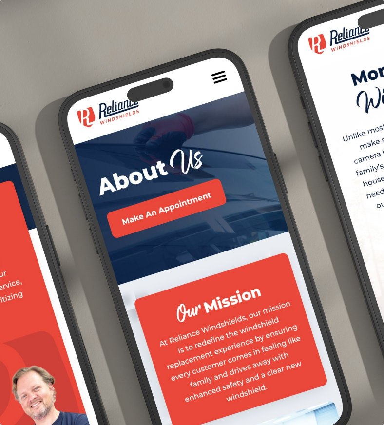 Reliance Windshields website designs on phone, auto repair business homepage