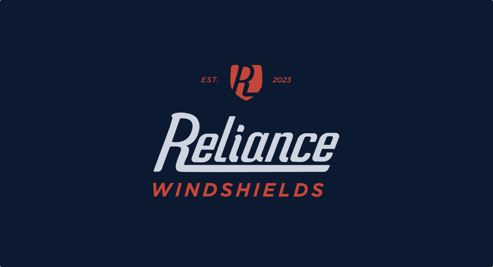 Reliance Windshields branding, hand drawn type and letter R in a shield logo