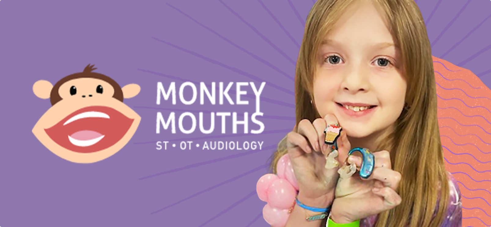 MonkeyMouths logo and graphic, fun and modern branding showing girl with hearing aids