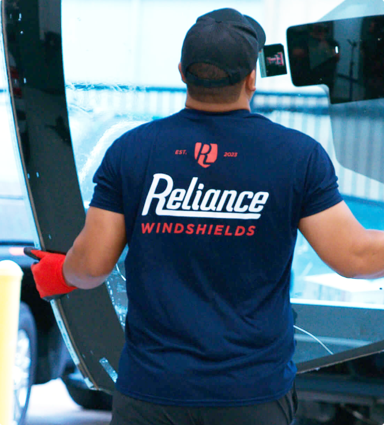 Reliance Windshields branding on tshirt design, hand drawn type and letter R in a shield logo