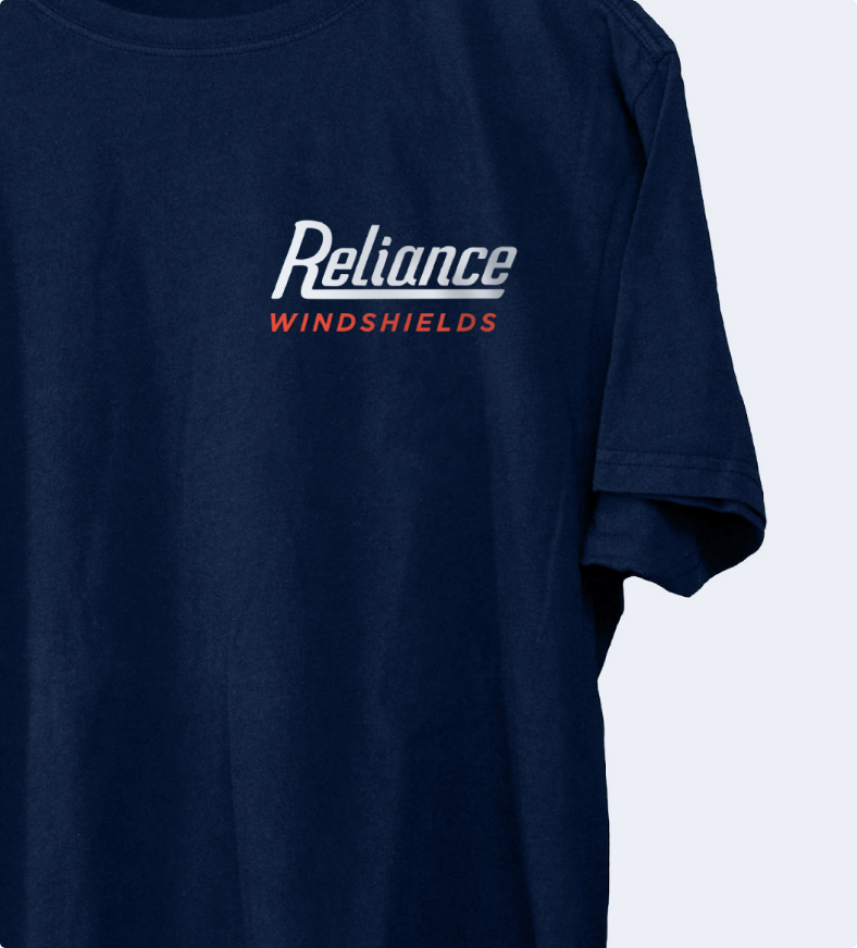 Reliance Windshields branding on tshirt design, hand drawn type and letter R in a shield logo