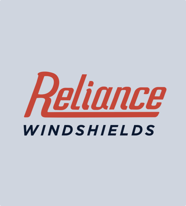 Reliance Windshields branding, hand drawn type and letter R in a shield logo