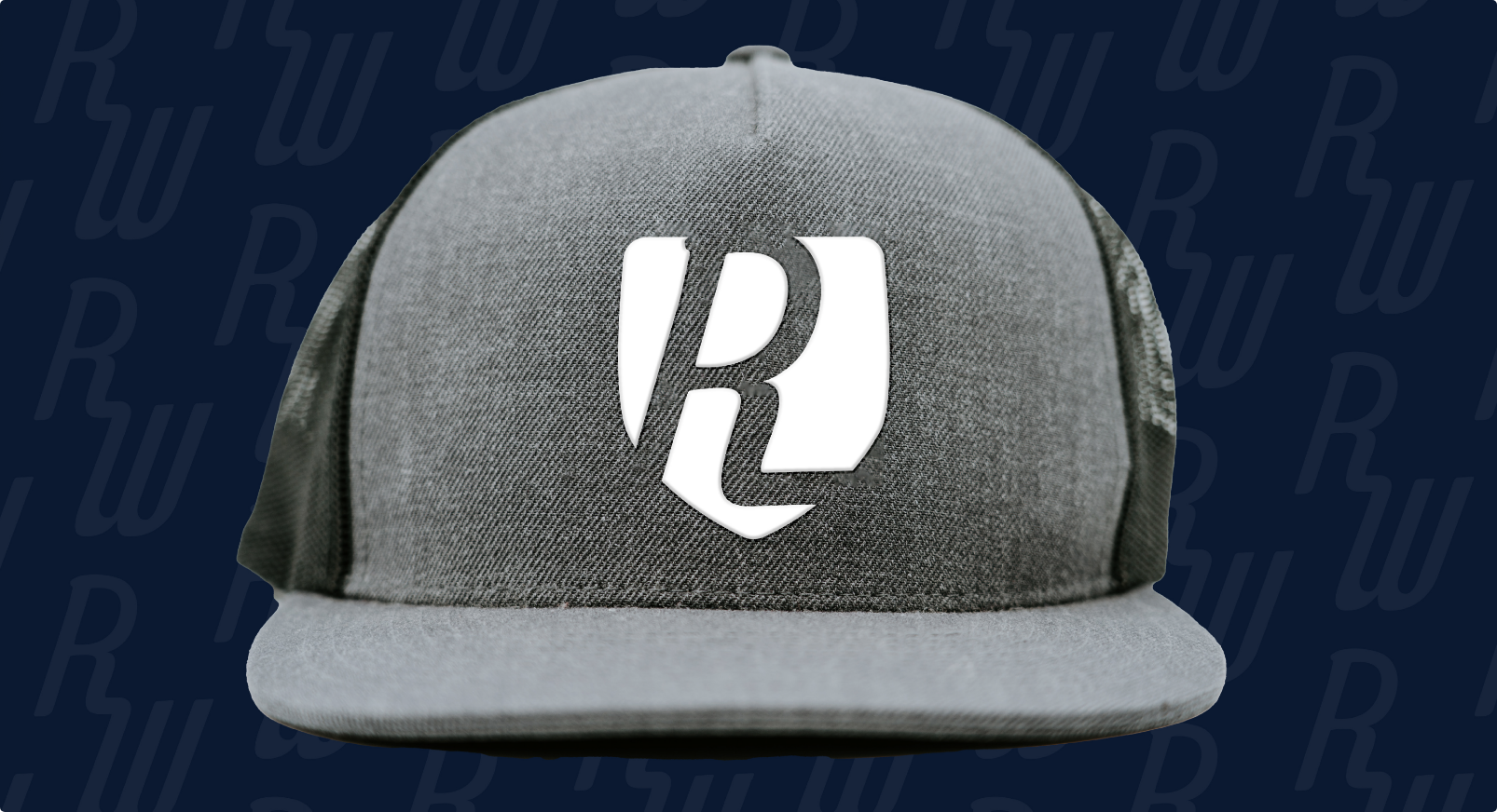 Reliance Windshields branding on custom hat design, letter R in a shield logo