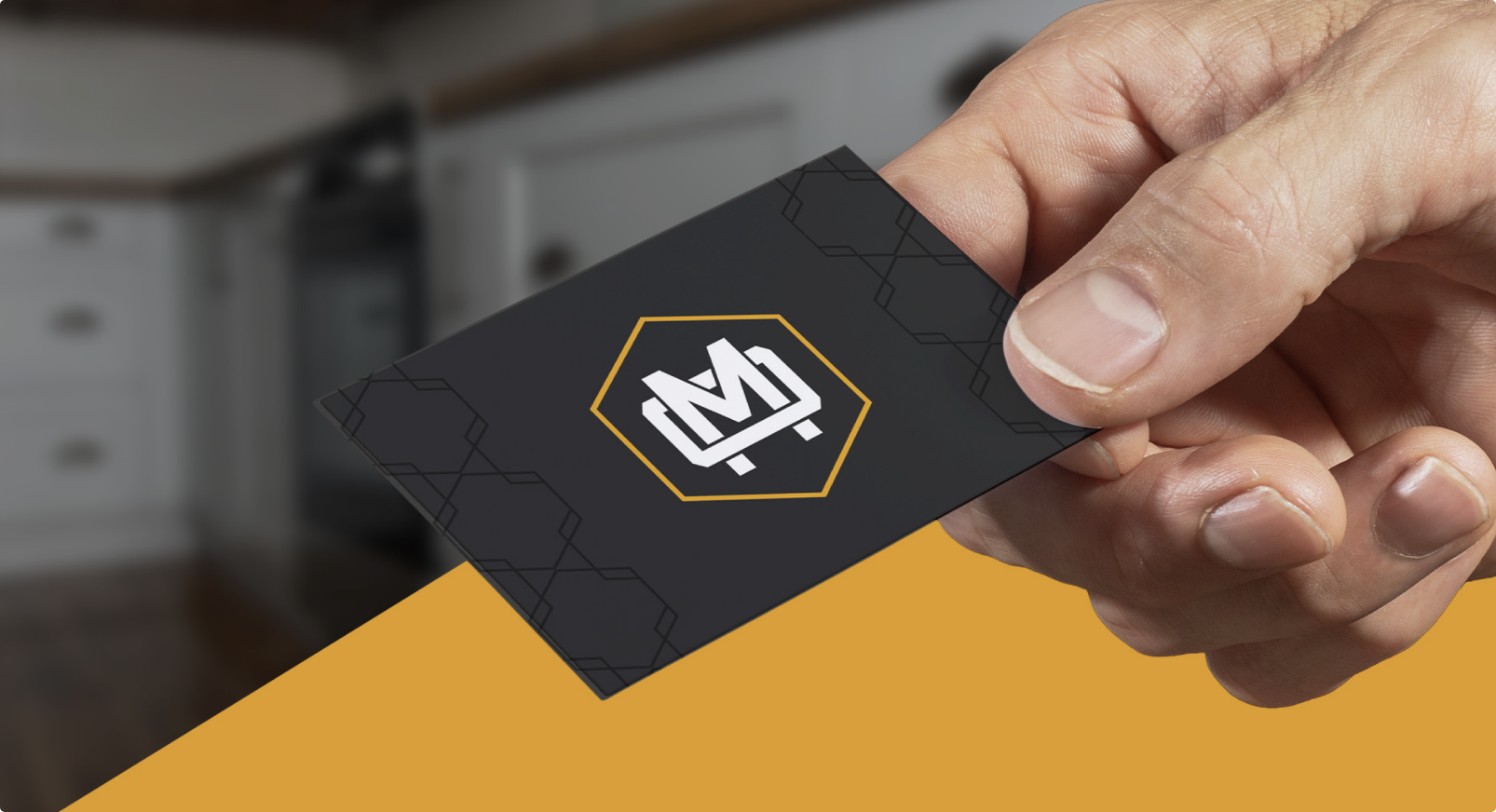 M&O Custom Woodworking branding on business card design, modern and elevated