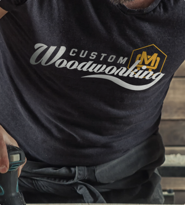 M&O Custom Woodworking branding on tshirt design for carpentry business