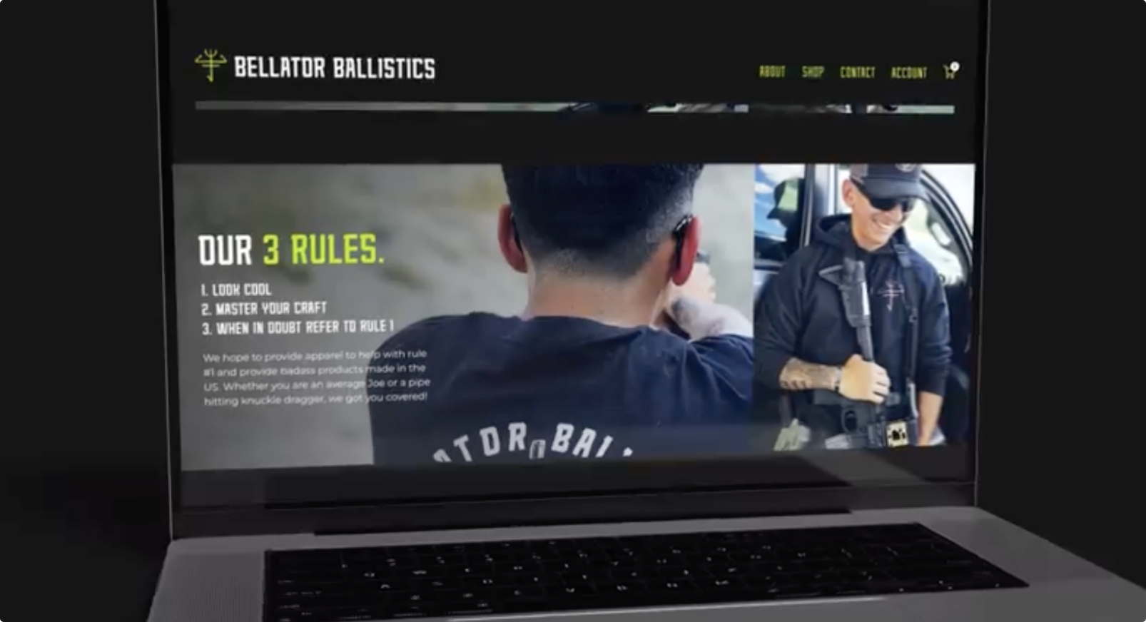 Bellator Ballistics website homepage design, tactical branding