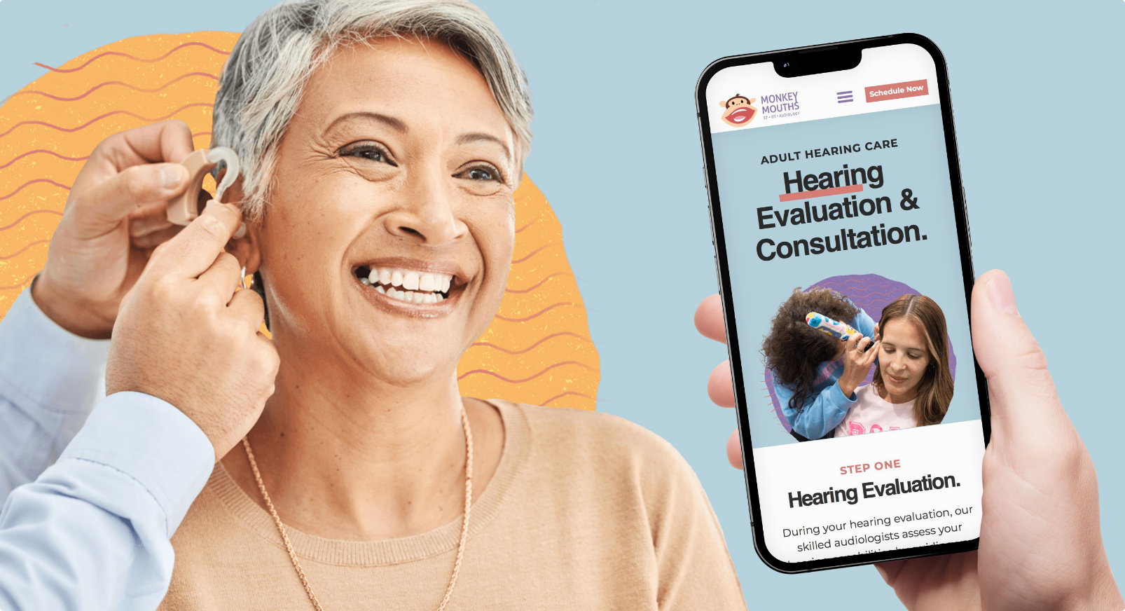 Monkey Mouths' colorful, modern audiology website design on phone and woman with hearing aid