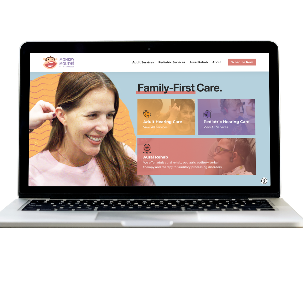 Colorful, modern pediatric and adult audiology/doctor's office website design on laptop, responsive layout